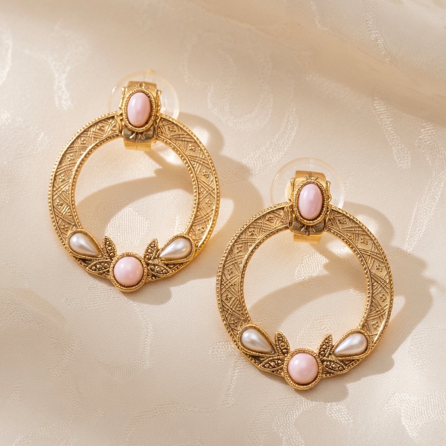 Vintage 1928 Gold Tone Victorian Hoop Earrings Pink Cabochon Faux Pearl Drop